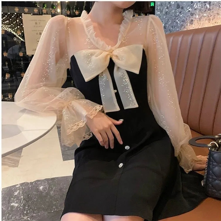 Vintage Elegant Mini Party Dress for Women Casual Lace Long Sleeve Dresses Bow Sexy One Piece Dress Korean Black Autumn 2022 New