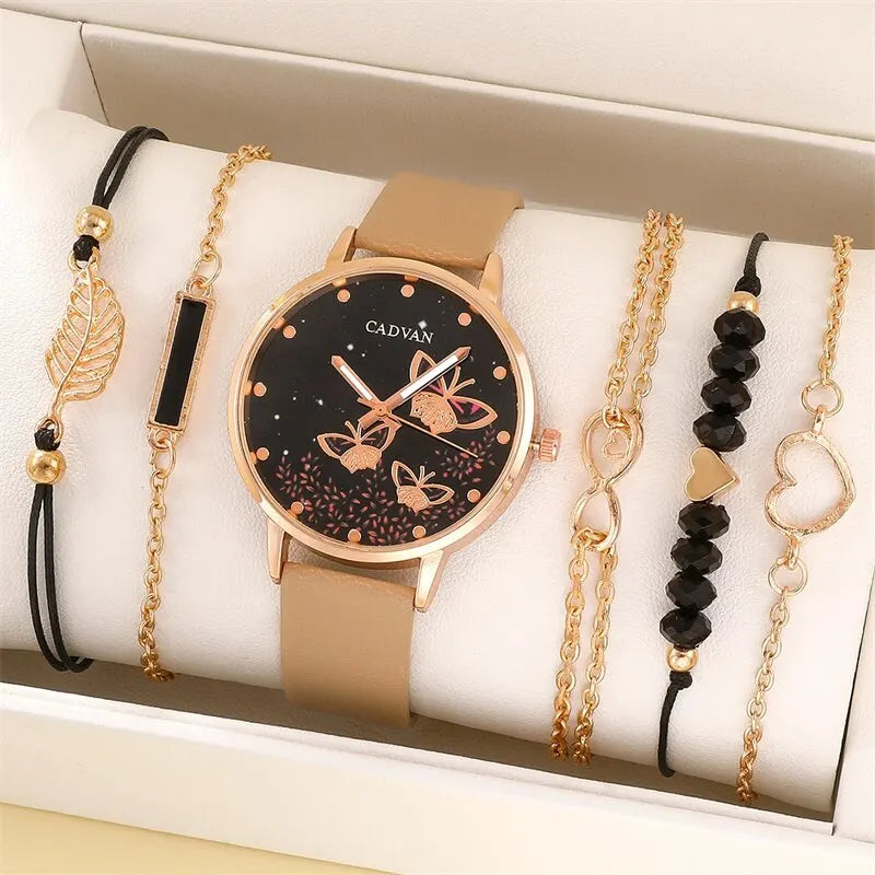 Conjunto de 6 uds. De relojes para mujer, reloj de mariposa a la moda, nuevo reloj de pulsera analógico sencillo e informal para mujer, pulsera de regalo sin caja