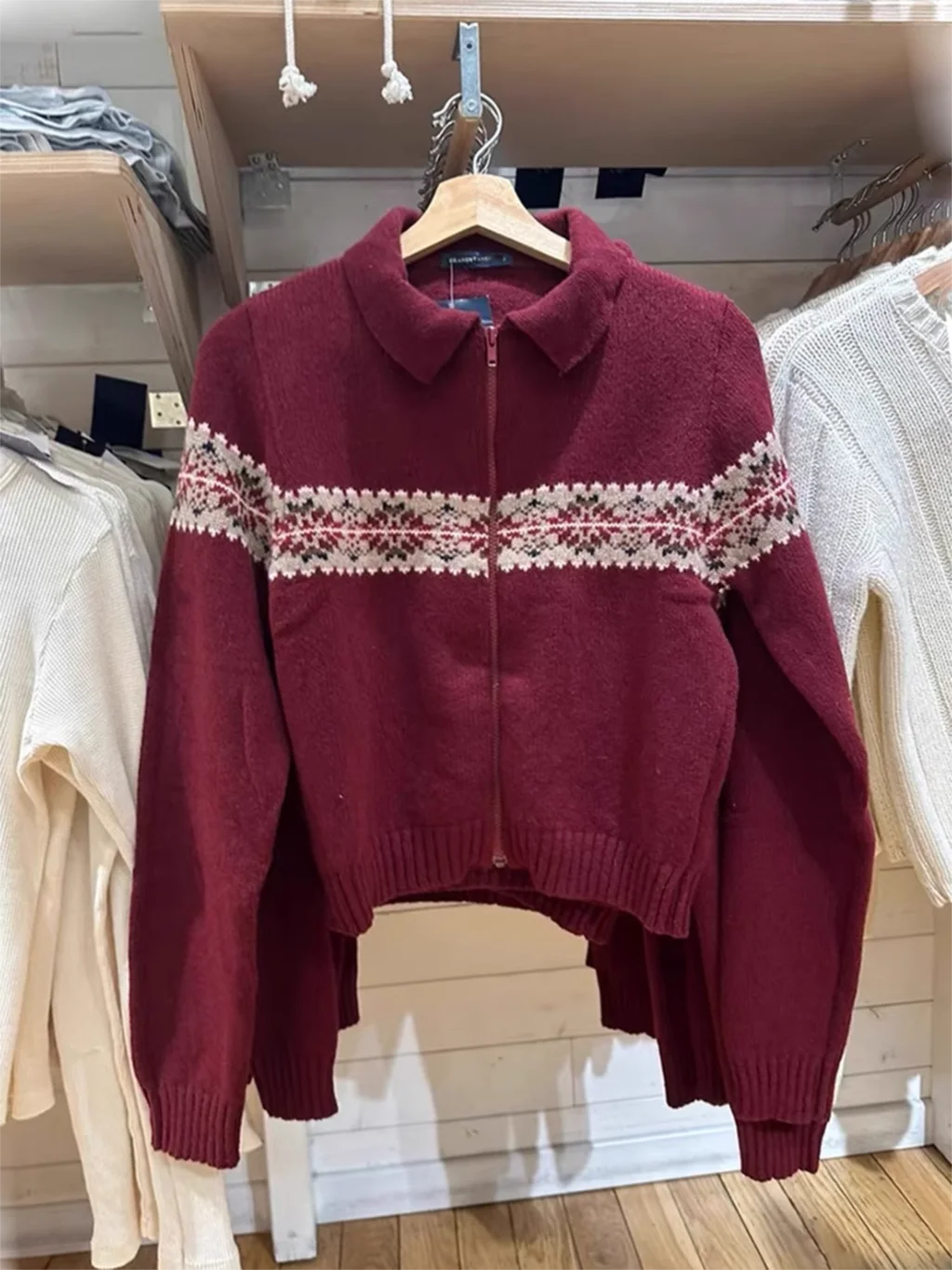 Otoño nieve Jacquard Vintage suéter cárdigan mujer cuello vuelto cremallera manga larga abrigo Casual Chic dulce suéteres de algodón