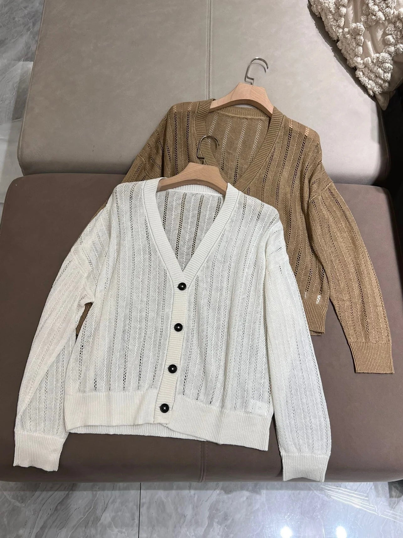 Spring Summer 2024 B*C Women's Cardigan Linen Knitted Light Thin Top‘s Female Long Sleeves Hollow Sweater Woman's Clothing