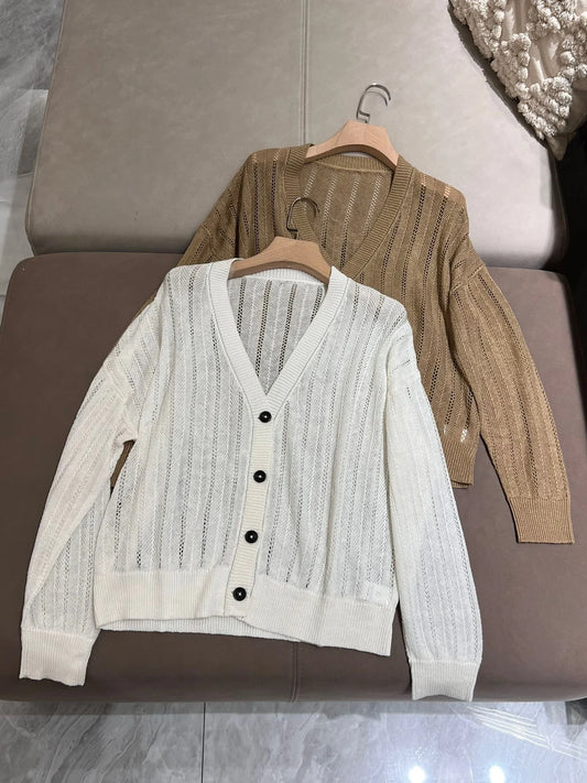 Spring Summer 2024 B*C Women's Cardigan Linen Knitted Light Thin Top‘s Female Long Sleeves Hollow Sweater Woman's Clothing