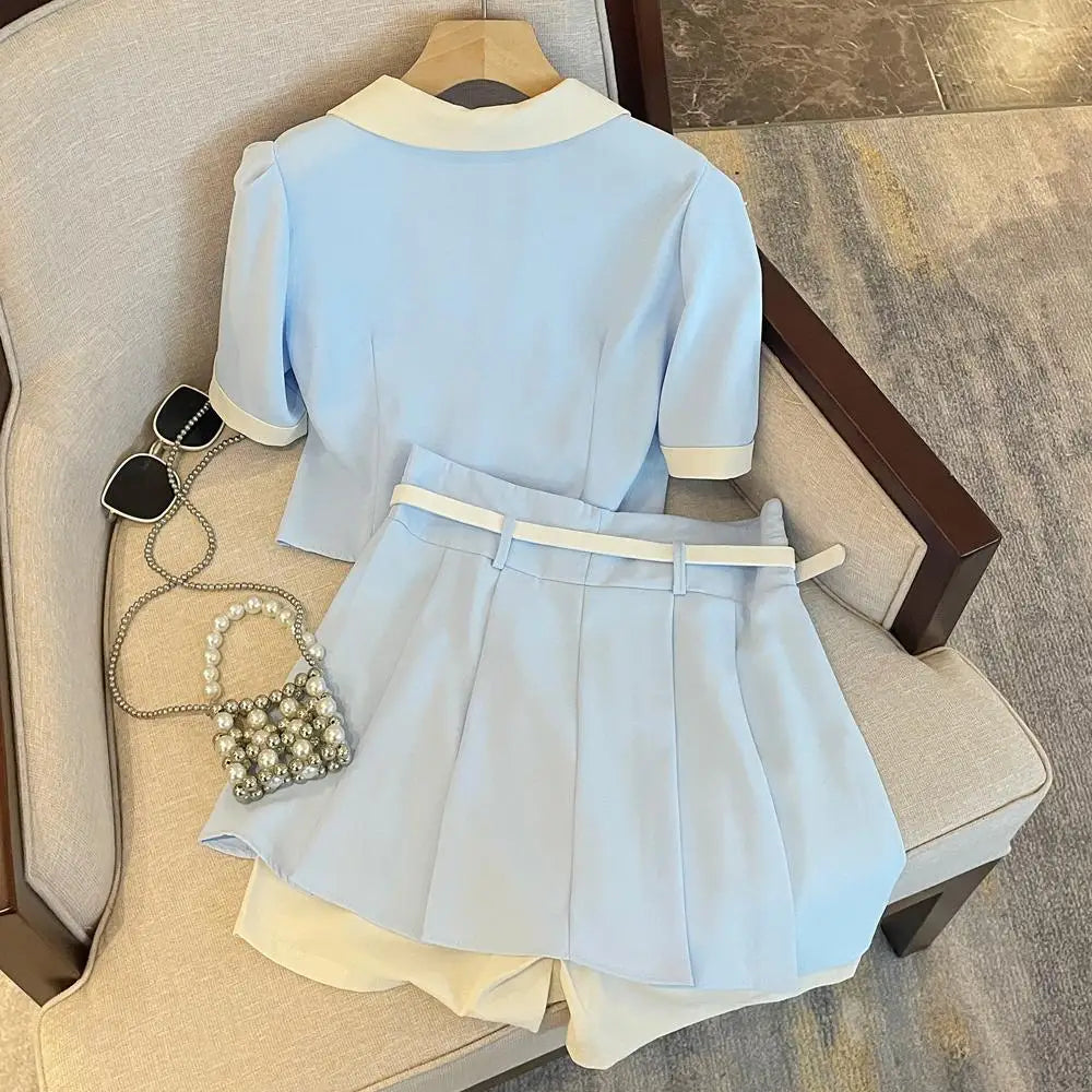 2023 New Women's Fashion blue Suit Split Shirt and Shorts skirt Summer Casual Ladies Office Workt Two-piece Suit Set clothing