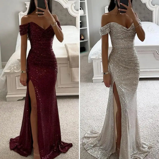 Vestido de manga larga de Color liso, vestido elegante con lentejuelas y cuello en V, vestido largo con hombros descubiertos para fiesta de noche y graduación, vestido Sexy ajustado con abertura para mujer