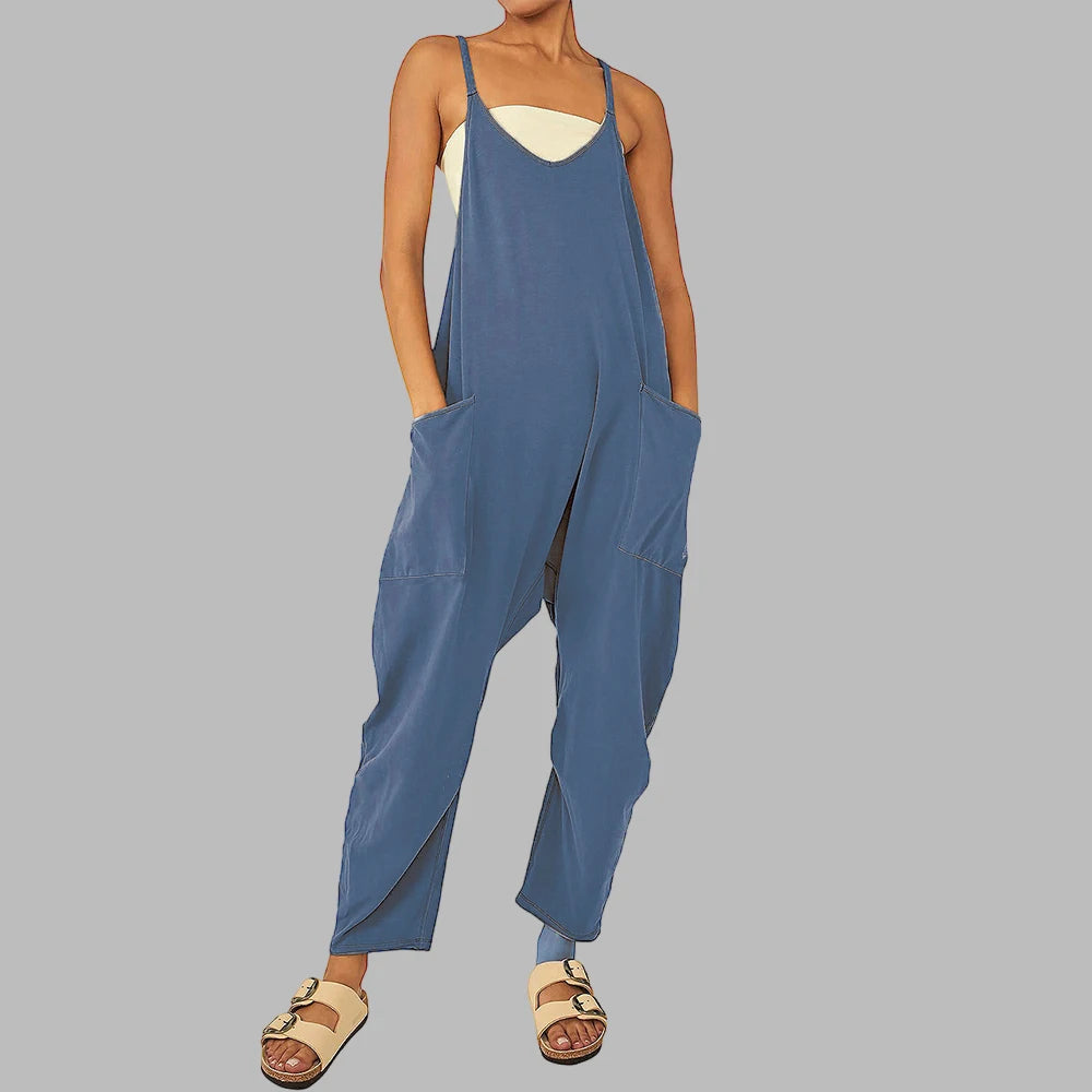 Women’s V Neck Dungarees Overalls Pockets Baggy Trousers Jumpsuit Playsuit Romper Clothing Plus Size 2023