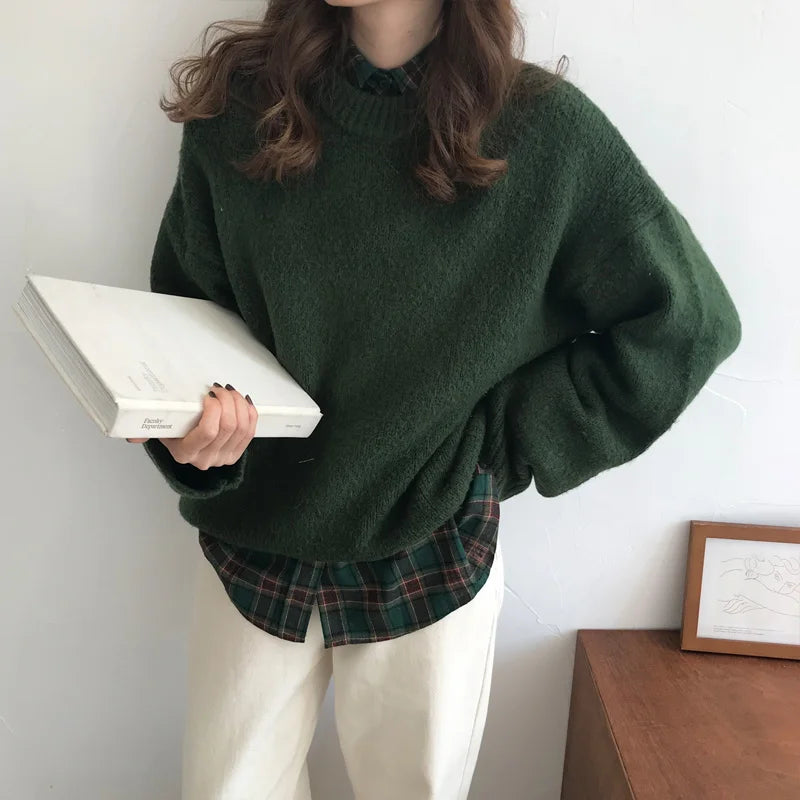 Vintage Y2K Oversized Green Sweater Crewneck Chunky Fuzzy Warm Cute Pullovers Autumn Winter Jumper