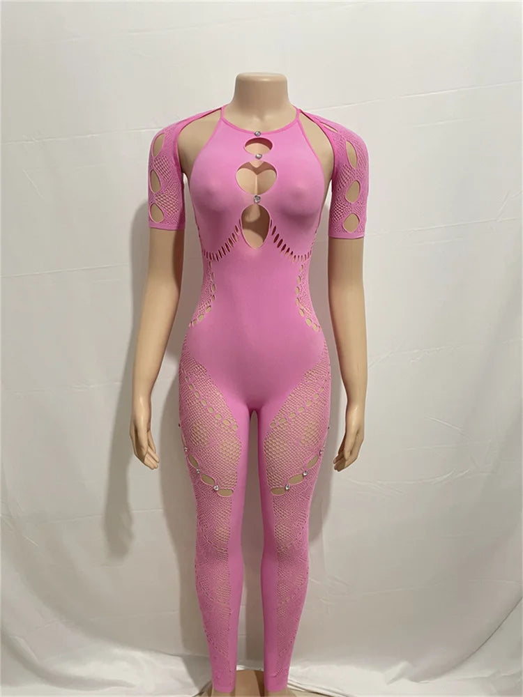 Trajes de Club, ropa de calle, monos para mujer, monos ajustados de manga corta, mono ajustado de malla rosa transparente, monos de una pieza