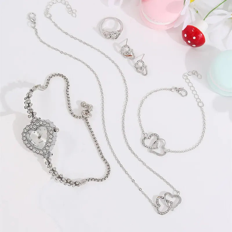 6PCS Set Luxury Women Watch Ring Heart Shaped Hollow Pendant Necklace Earring Rhinestone Fashion Wristwatch Casual Ladies Watche