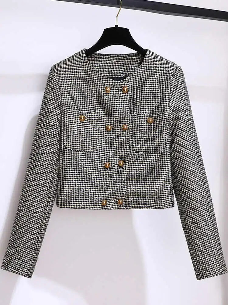 Uniforme JK Chic pour femmes, costume à carreaux, veste, manteau, petit haut blanc et jupe trapèze, ensemble trois pièces, tenue à paillettes, vêtements Vintage 2023