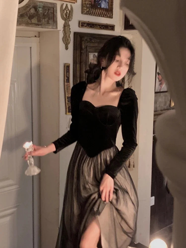 2022 Autumn Elegant Velvet Long Sleeve Midi Dress Woman Slim Vintage Evening Party Dress Female Casual Korean Fashion Dress Chic