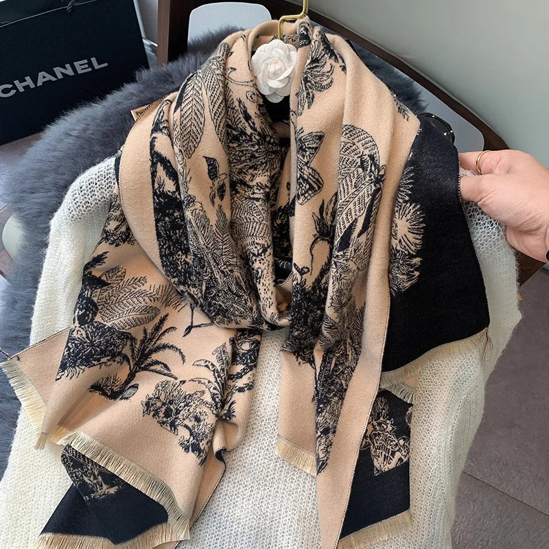 2023 Luxury Floral Print Scarf for Women Warmer Winter Cashmere Pashmina Scarves Shawls Female Thick Blanket Wraps Foulard