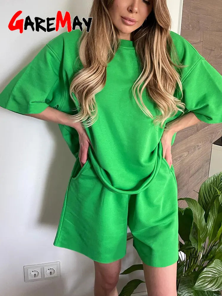 Cotton Women's Summer Suit with Shorts and Top Classic Casual Oversize Two-piece Set Tracksuit Shorts and T-shirt for Women 2023