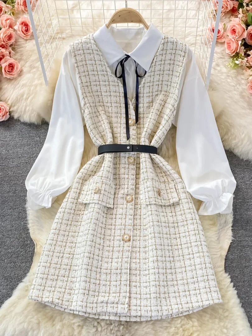 Ensemble deux pièces pour femmes, mode coréenne, col noué, chemisier blanc et bretelles Spaghetti, simple boutonnage, Mini robe en Tweed, 2023