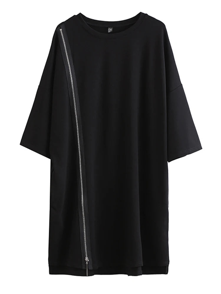 [EAM] femmes noir fermeture éclair grande taille robe nouveau col rond trois-quarts manches coupe ample mode marée printemps automne 2024 1DF5283