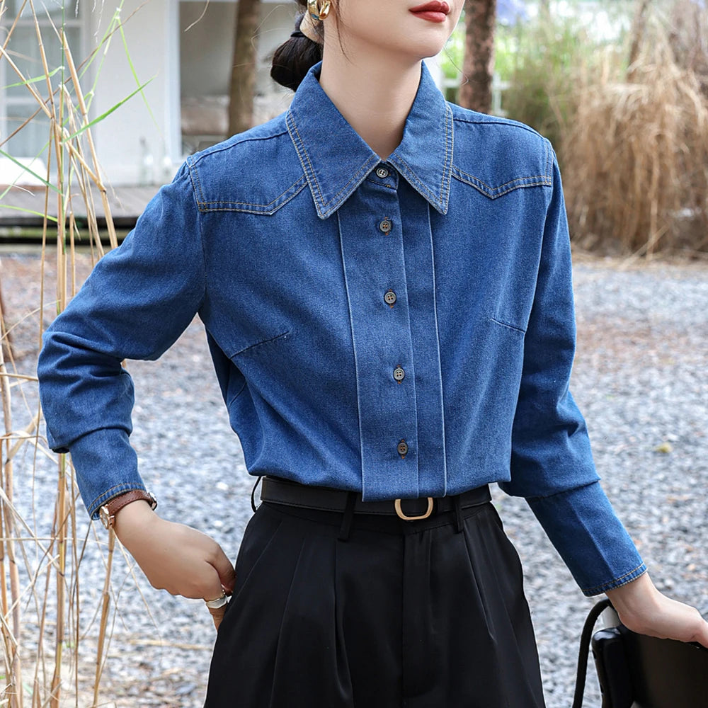 Fashion Women Denim Blouses Vintage Loose Long Sleeve Outwear Tops Women Simplicity Elegant Casual Shirts Female Clothing 2024