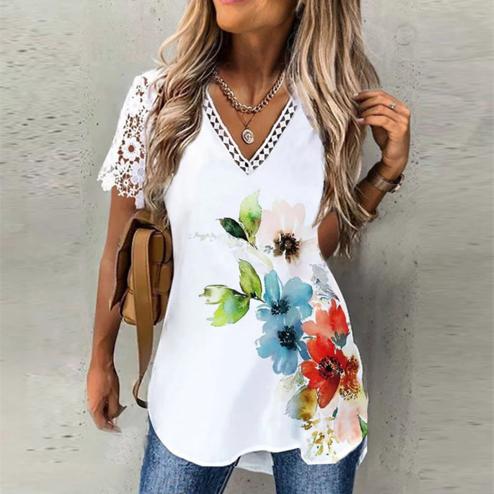 Camiseta de manga larga con cuello en V y encaje Floral para mujer, blusa informal holgada, camisetas, ropa, S-3XL