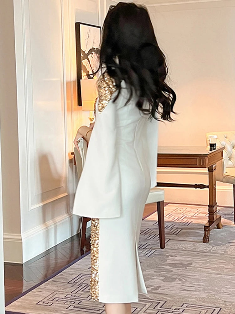 Exquisite Host Banquet Evening Dress Women 2023 Luxury Style Gold Sequins White Slim Robe Femme Party Prom Vestidos Catwalk Gown