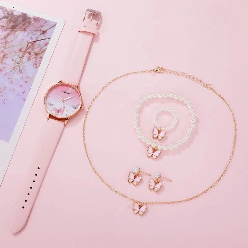 Conjunto de 6 uds. De reloj de cuarzo a la moda para mujer, reloj femenino con esfera de mariposa rosa, diseño de marca de lujo, reloj de pulsera de cuero para mujer