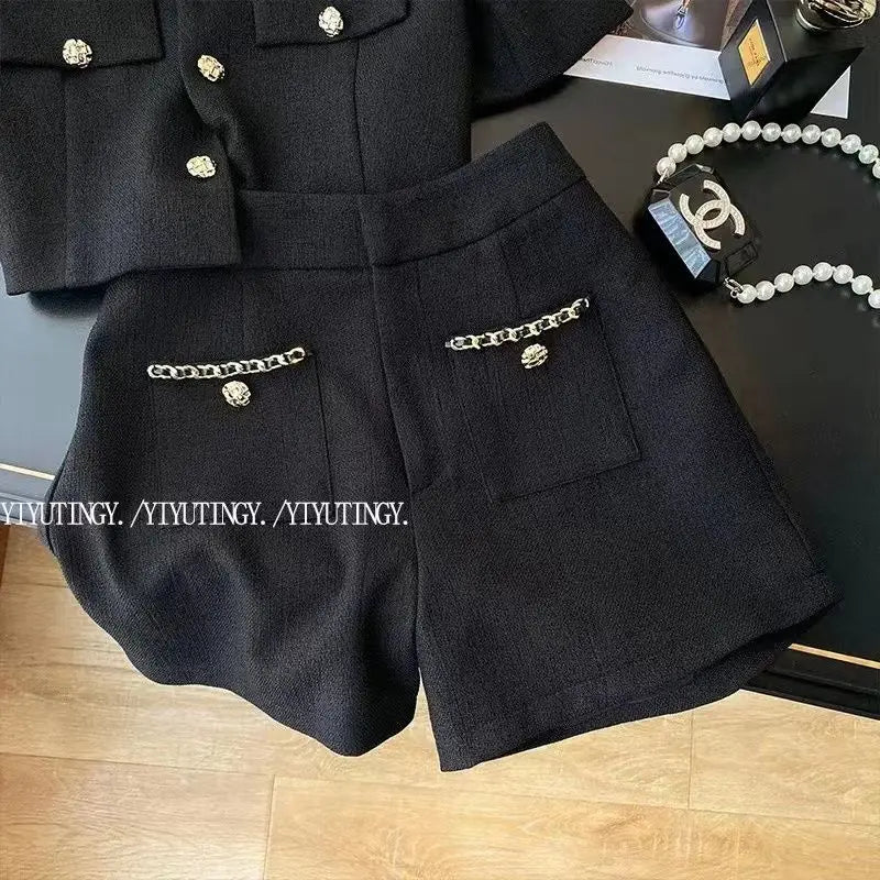 Women Fragrance Vintage 90S Black Suit Button Top And Pant Two Piece Set Female Summer Matching Outfit Ladies Jacquard Clothing