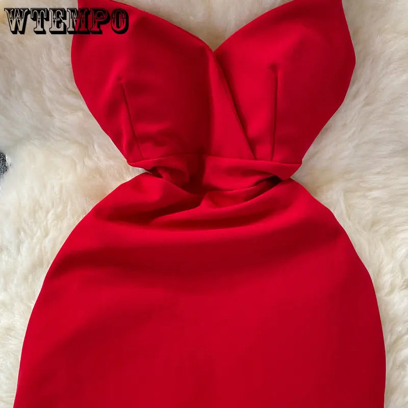 WTEMPO-vestido Sexy de verano para mujer, vestido rojo liso Irregular con envoltura en la cadera, Espalda descubierta, cuello en V, cintura alta, vestido de fiesta ajustado sin mangas