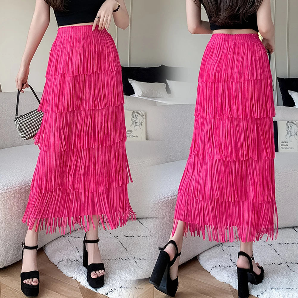 Vintage Elegant Long Skirt For Women High Waist Patchwork Pleated Tassel Solid Party Skirts Female High Street Summer Clothing