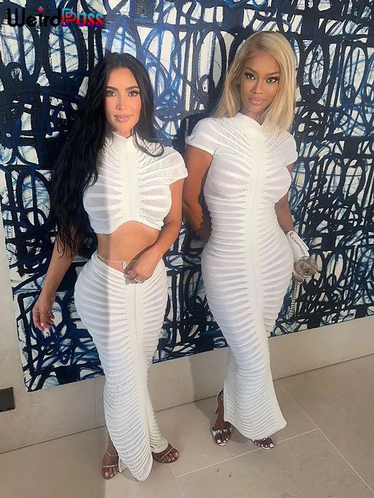 Weird Puss Knit Women Tracksuit 2 Piece Set Striped Stretch See Through Shorts Sleeve Crop Tops+Maxi Skirts Matching Streetwear