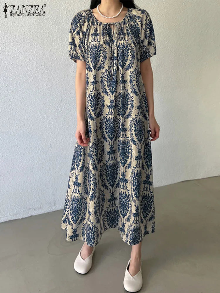 ZANZEA Holiday Summer Maxi Dress Women Fashion Short Sleeve Robe Vintage Printed Bandage O-neck Sundress Casual Loose Vestidos