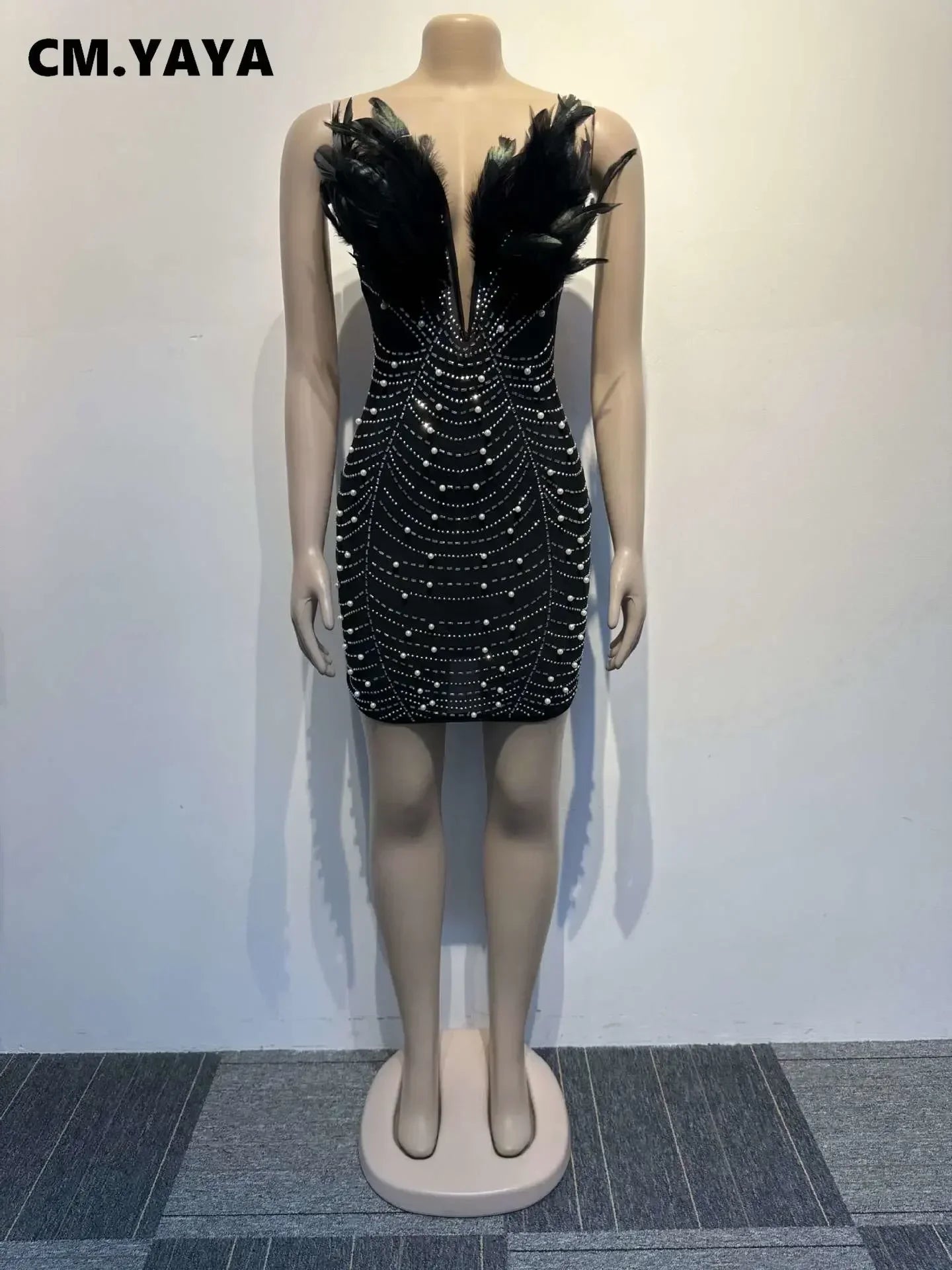 CM.YAYA-vestido Midi ajustado con escote en V para mujer, vestido Sexy de noche para fiesta, con diamantes de imitación, malla de plumas, sin tirantes, 2023