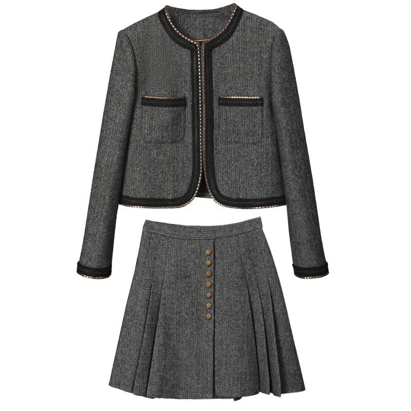 Costume de nouvel an en Tweed pour femmes, gris Y2K, veste, manteau, haut et mini-jupe, ensemble deux pièces, tenue d'hiver, vêtements élégants