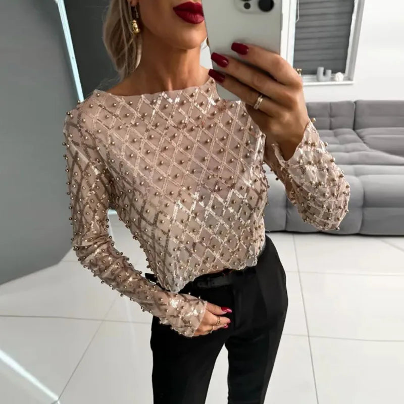 Gold Sequin Shiny Beading See-though Blouse Women New Spring O-neck Hollow Out Top Pullover Autumn Long Sleeve Fashionable Shirt