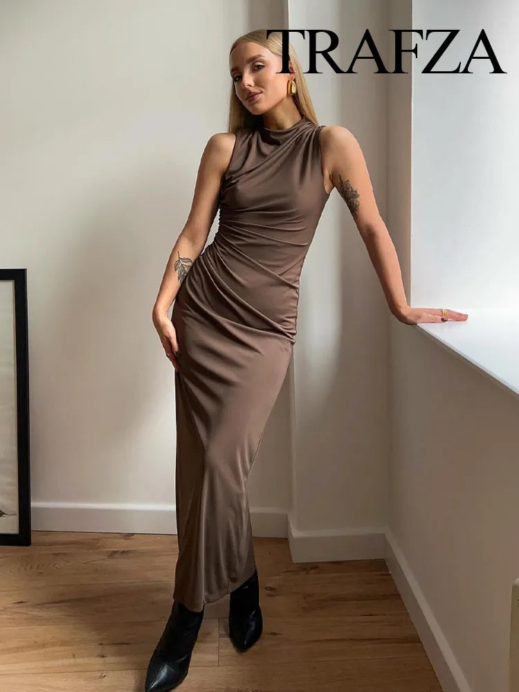 TRAFZA – robe mi-longue sans manches pour femmes, nouvelle mode, Sexy, moulante, élégante, fermeture éclair au dos, couleur unie, Chic, pliable, Slim, 2024