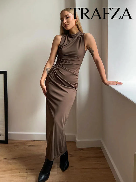 TRAFZA – robe mi-longue sans manches pour femmes, nouvelle mode, Sexy, moulante, élégante, fermeture éclair au dos, couleur unie, Chic, pliable, Slim, 2024