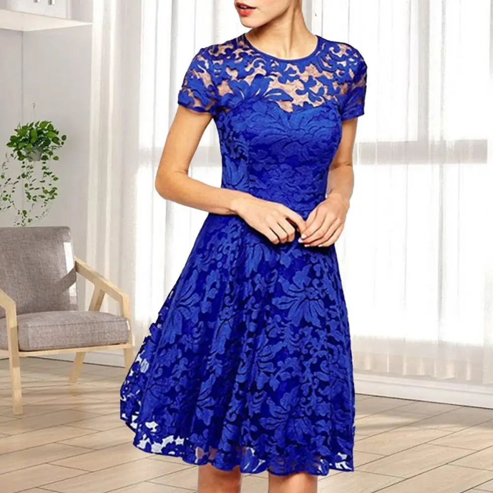 Women Summer Dress See-through Hollow Out Lace Party Mini Dress Round Neck A-line Plus Size Prom Dress Women Clothes