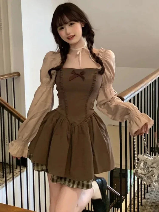 Deeptown Kawaii Korean Style Brown Mini Lolita Dress Women Cute Fairycore Vintage One Piece Long Sleeve Tunic Evening Dresses