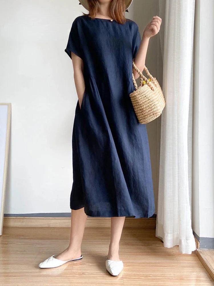 Summer Women Dress Casual Loose Short Sleeve A-LINE Oversize Solid Midi Dress Cotton Linen Dresses for Women Vestidos De Mujer