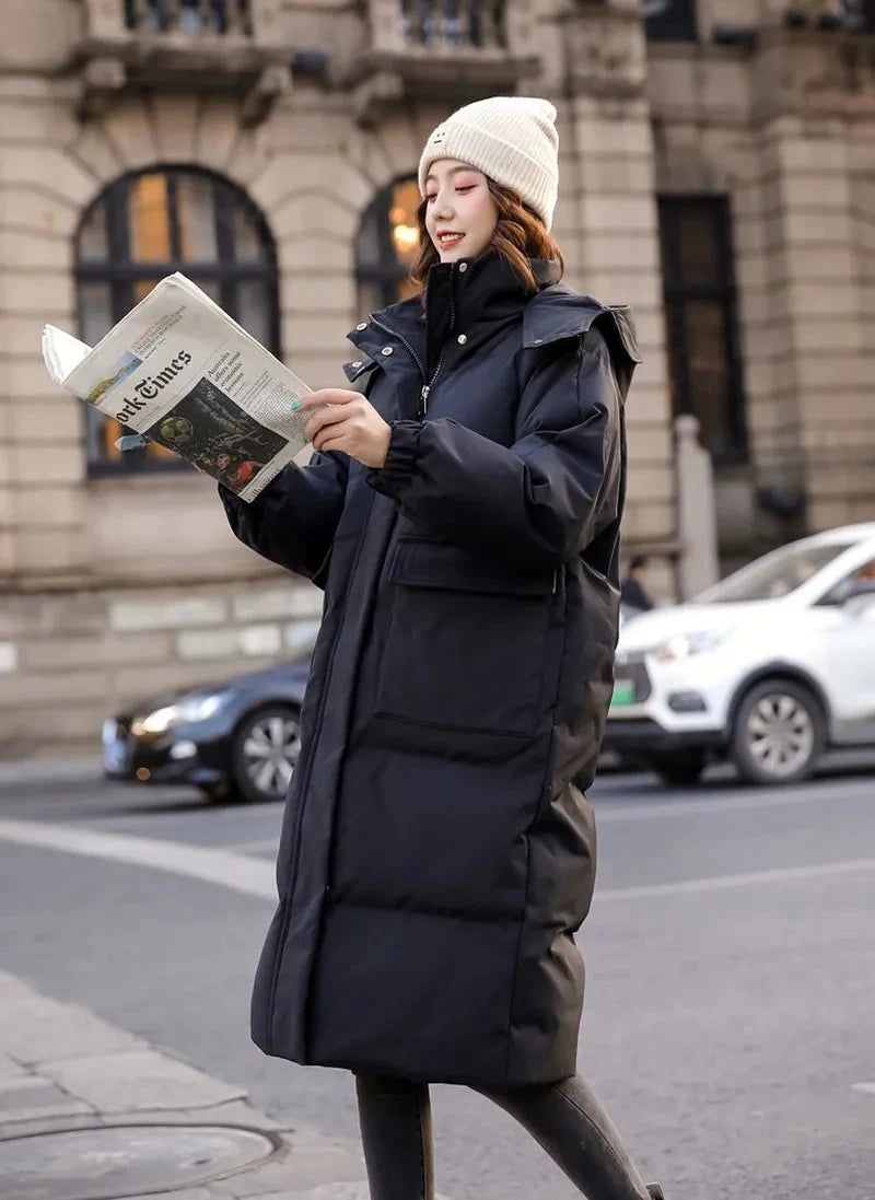 Chaqueta de algodón para mujer, ropa de invierno, Abrigo acolchado de algodón holgado coreano, abrigo largo informal, Parka gruesa y cálida con capucha 2023