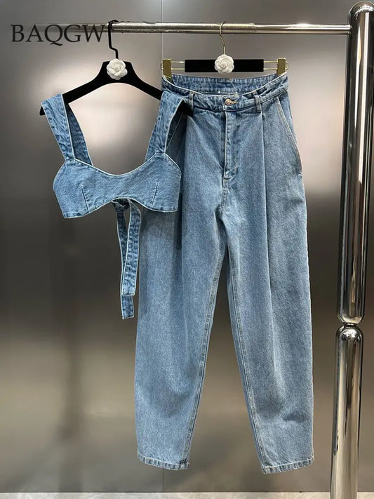 Streetwear Jeans Two Piece Set Women's Sexy Sleeveless Lace-up Backless Crop Top and High Waist Denim Pants Slim Summer Outfits