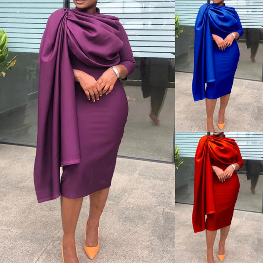 Elegant Solid Color Ruched Ruffle Pencil Dress Ruched Cloak Sleeve Bodycon Party Dress A -line Midi Dresses