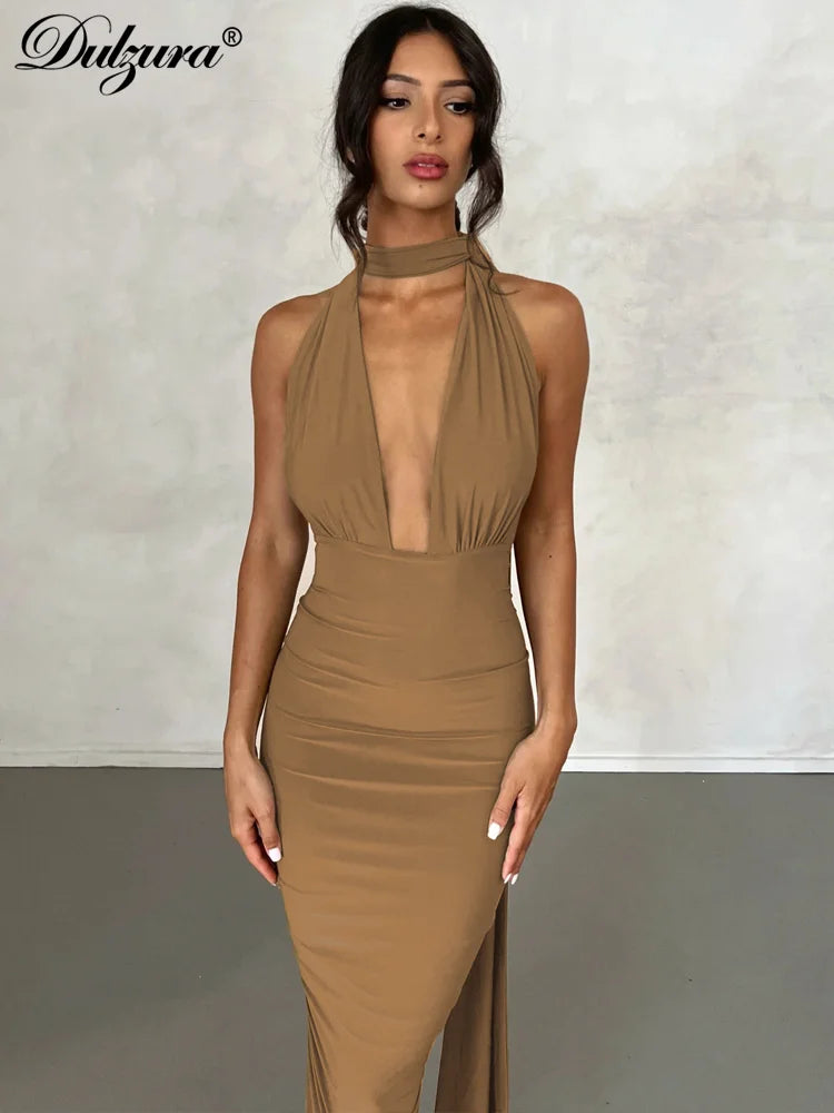 Dulzura – robe longue froncée, couleur unie, col en V, dos nu, sans manches, moulante, Sexy, tenue de soirée élégante, Streetwear, soirée d'anniversaire