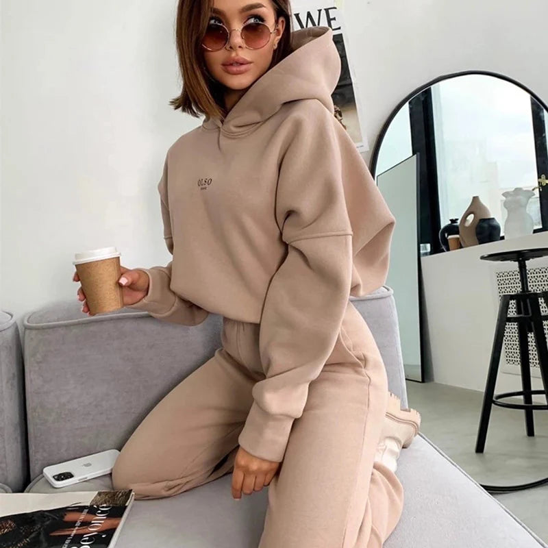 Women's Tracksuit Casual Letter Print Hoodies Suits Autumn Winter Warm Hooded Sweatshirts And Long Pants Fleece Two Piece Sets