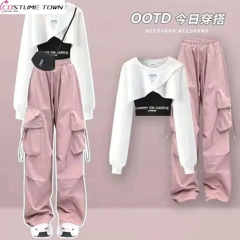 Spring and Autumn Set Women's 2024 Korean Loose Fashion Top Casual Work Pants Age Reducing Three Piece Set