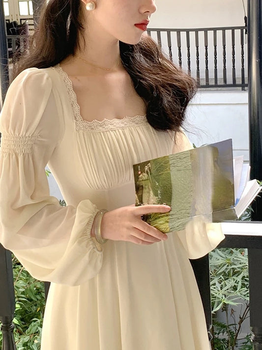 2023 Spring French Elegant Solid Midi Dress Woman Long Sleeve Fairy Party Dresses Casual One Piece Dress Korean Female Fashion