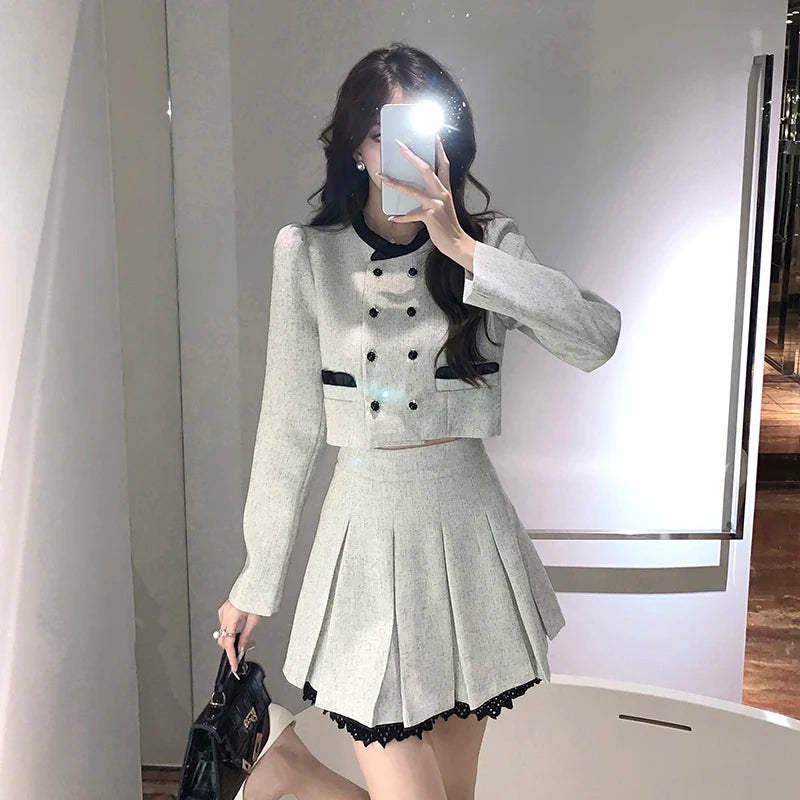 Women Tweed Korean Y2K Suit Double breasted Jacke Coat Crop Top Skirt Two Piece Set Outfit Winter Autumn Chic Elegant Clothing