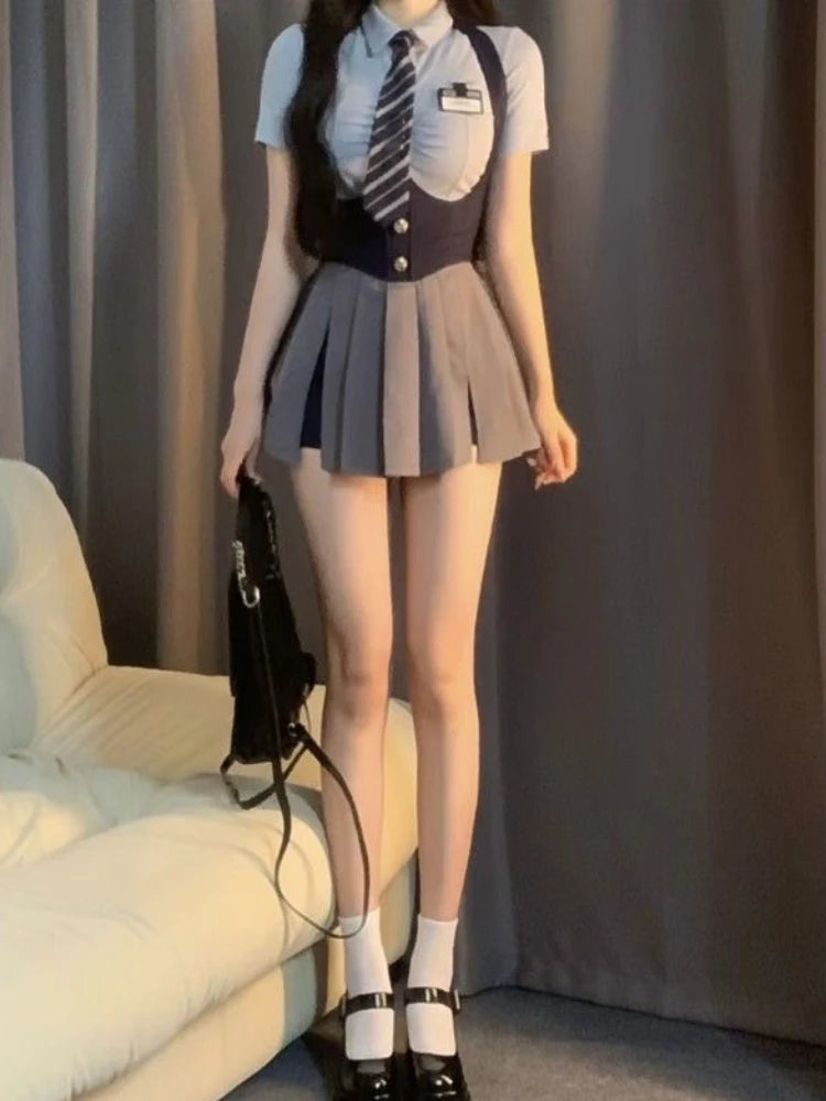 2023 Autumn College Style JK Uniform Set Slim Shirt with Striped Tie Y2K Girls High Waist A- Line Pleated Skirt Fashion Suit