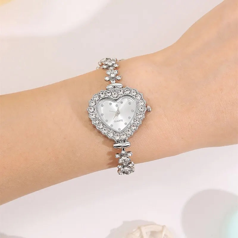 Conjunto de 6 uds. De reloj de lujo para mujer, anillo en forma de corazón, colgante hueco, collar, pendiente, reloj de pulsera de moda con diamantes de imitación, reloj informal para mujer