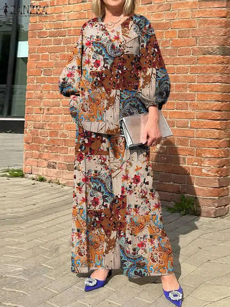 Women Holiday Matching Sets ZANZEA Bohemian Printed 2pcs Suits 2023 Casual 3/4 Sleeve Tops Tracksuit Autumn Wide Leg Pant Sets