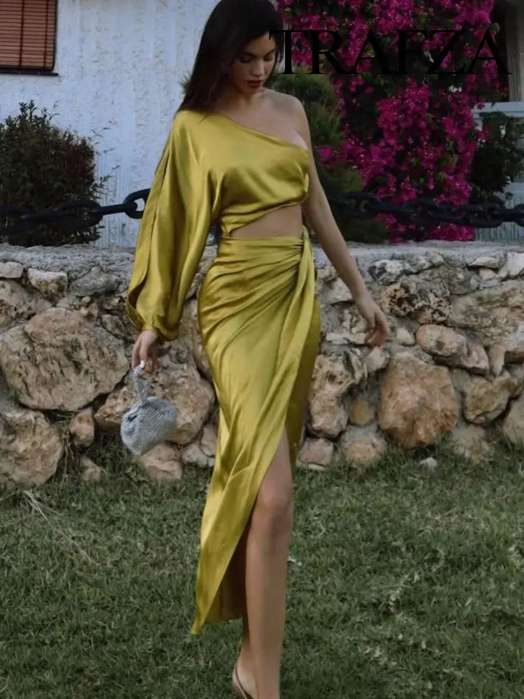 TRAFZA Dress For Women Yellow Asymmetric Satin Cut Out Long Dress Women Ruched Off Shoulder Elegant Dresses Evening Party Dresse