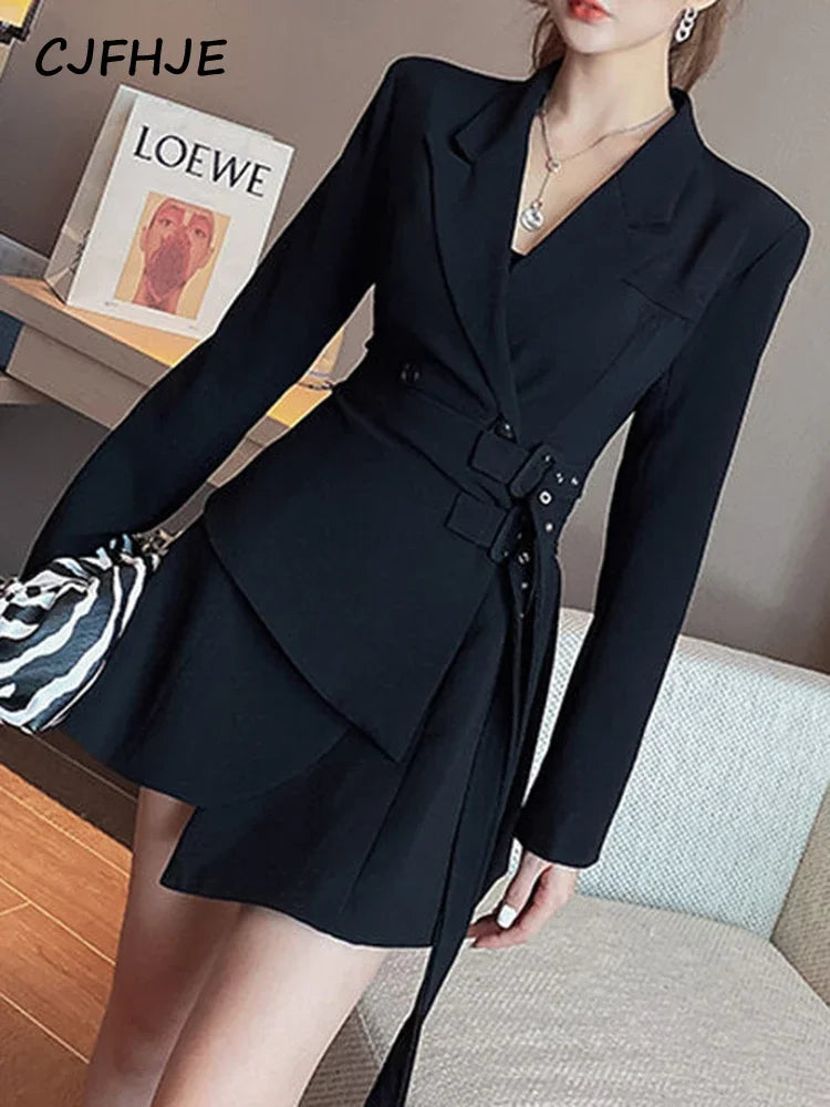 CJFHJE Mini robe Blazer de soirée pour femmes, une pièce coréenne, robe élégante pour bureau, Chic, ceintures, vêtements à manches longues, hiver