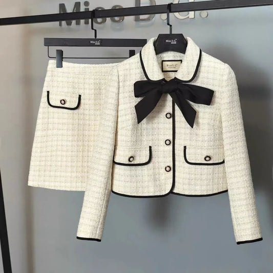 Veste de costume en Tweed blanc pour femmes, manteau, haut et jupe, ensemble deux pièces élégant, nouvelle tenue assortie, vêtements Jacquard d'hiver à la mode, 2022