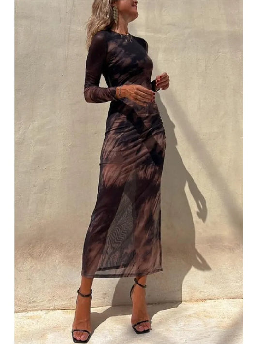 Tie Dye Printed Mesh See-through Maxi Dresses For Women Sexy Slim Slit Party Evening Dress 2023 Spring New Fashion Club Vestidos