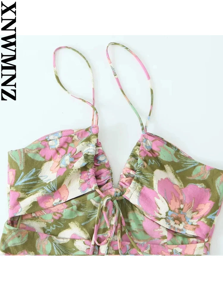 XNWMNZ-vestido de lino mezclado con estampado de flores para mujer, vestido de vacaciones con cuello en V y correas ajustables, lazo en la espalda abierta, vestido femenino con abertura frontal